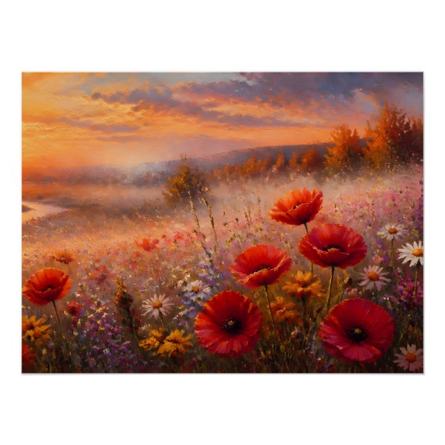 Poster Champ de coquelicots au coucher du soleil, peintur (Devant)