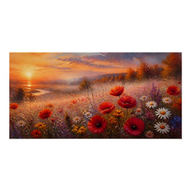 Poster Champ de coquelicots au coucher du soleil, peintur (Devant)