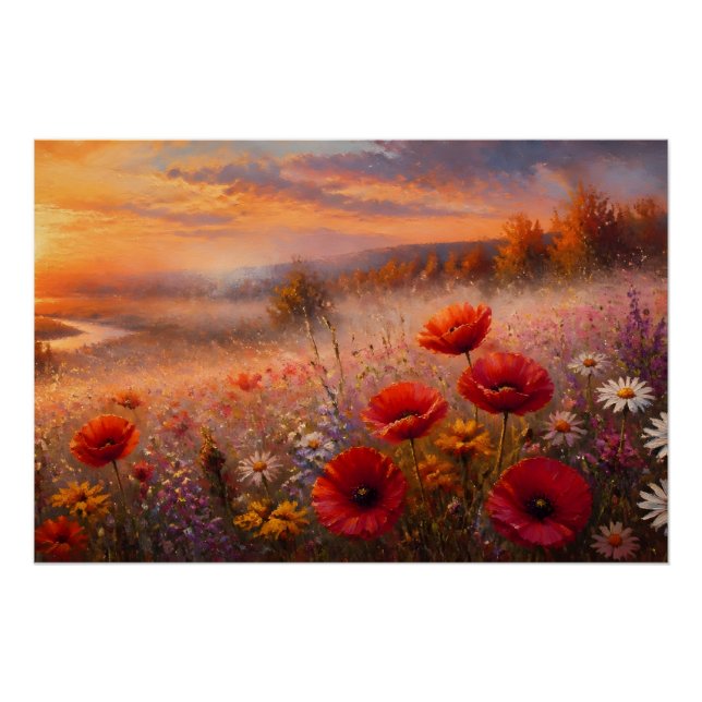 Poster Champ de coquelicots au coucher du soleil, peintur (Devant)