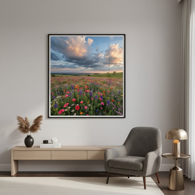 Poster Champ de fleurs sauvages vibrant au coucher du sol (Créateur téléchargé)