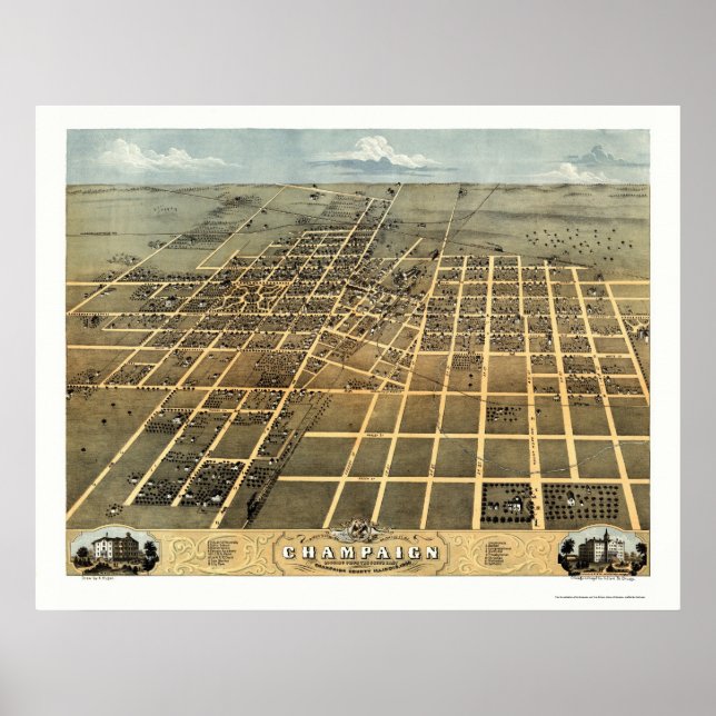Poster Champaign, IL Panoramic Map - 1869 (Devant)