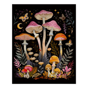 Poster Champignons de Whimsical papillons de nuit et lune