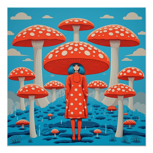 Poster Champignons psychédéliques rouges et bleus (Devant)