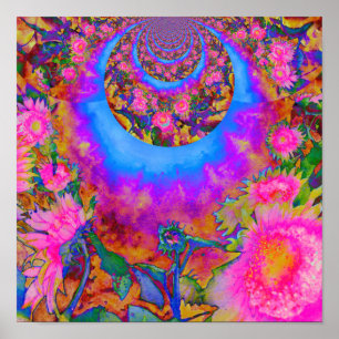 Poster Champs de tournesol pour toujours, tournesols rose