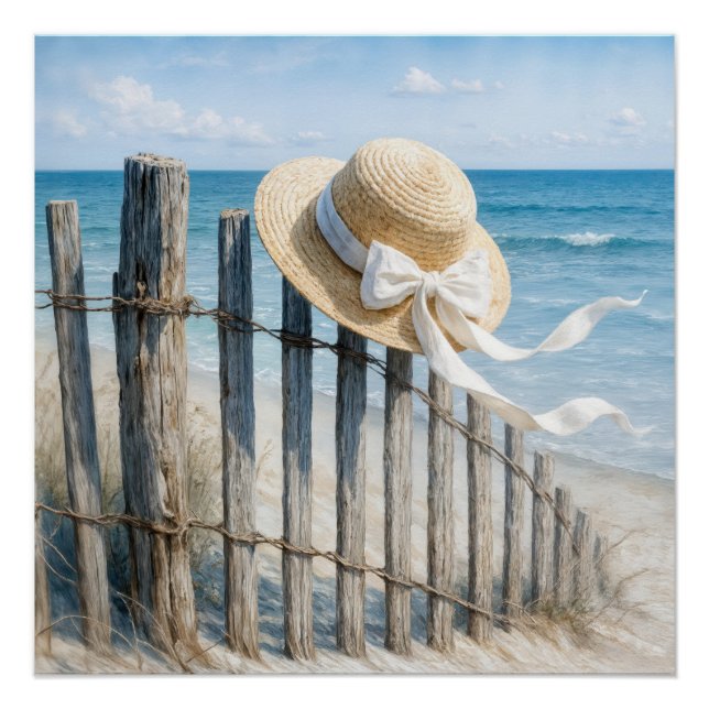 Poster Chapeau de paille d'été sur une clôture de plage (Devant)