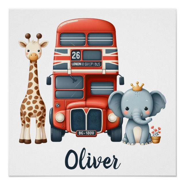 Poster Charmant bus londonien avec girafe et éléphant (Devant)