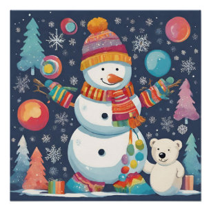 Poster Charmant et coloré bonhomme de neige de Noël