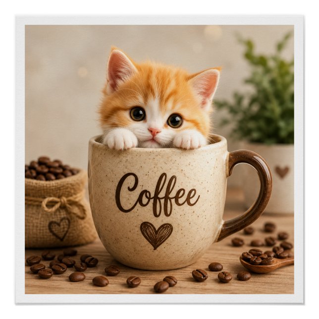 Poster Charme de chaton dans une tasse de café (Devant)