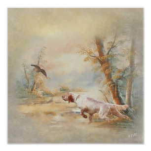 Poster Chasse à la bécasse avec setter anglais en forêt,
