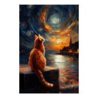 Chat à gingembre contemplatif | Ciel nocturne étoi