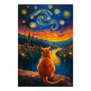 Poster Chat à gingembre contemplatif Starry Night Sky A