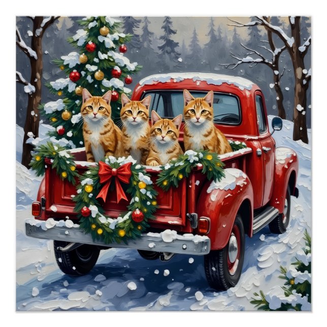 Poster Chat angora turc camion rouge de Noël vacances (Devant)