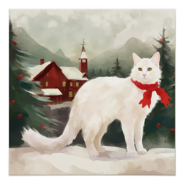 Poster Chat Angora turc en Noël de neige (Devant)