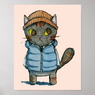 Poster Chat avec Beanie et Aquarelle du gilet de bas