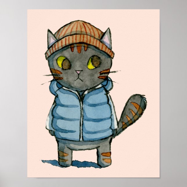Poster Chat avec Beanie et Aquarelle du gilet de bas (Devant)