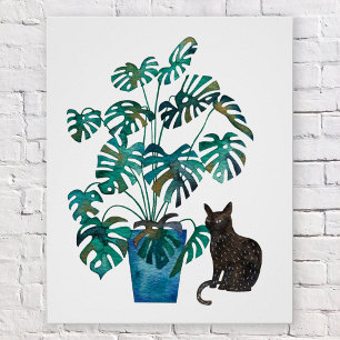Poster Chat avec Plante Monstera Aquarelle