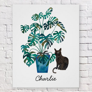 Poster Chat avec Plante Monstera Aquarelle personnalisée