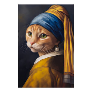 Poster Chat avec une oreille de perle   Funny Vermeer Par