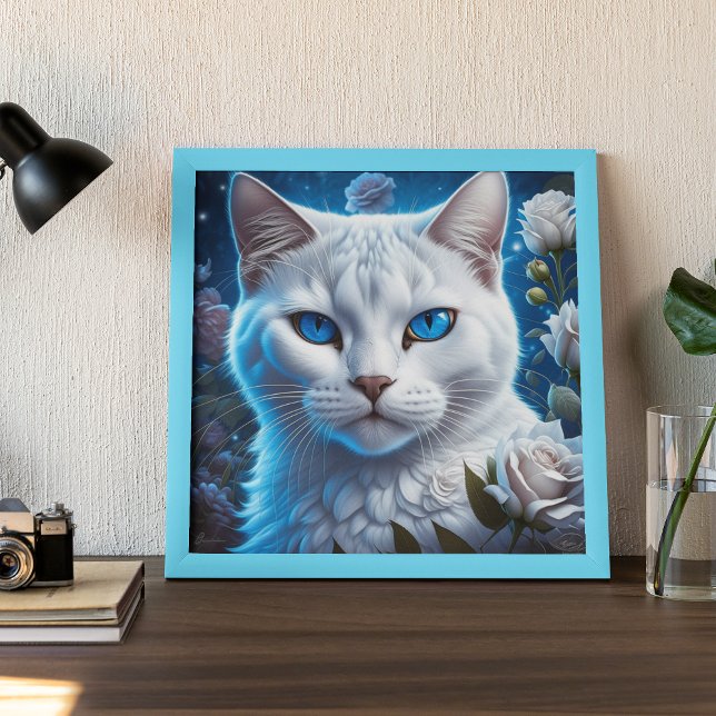 Poster Chat blanc aux yeux bleus brillants Floral  (Créateur téléchargé)