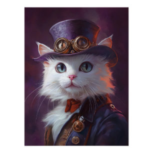 Poster Chat blanc en costume Steampunk