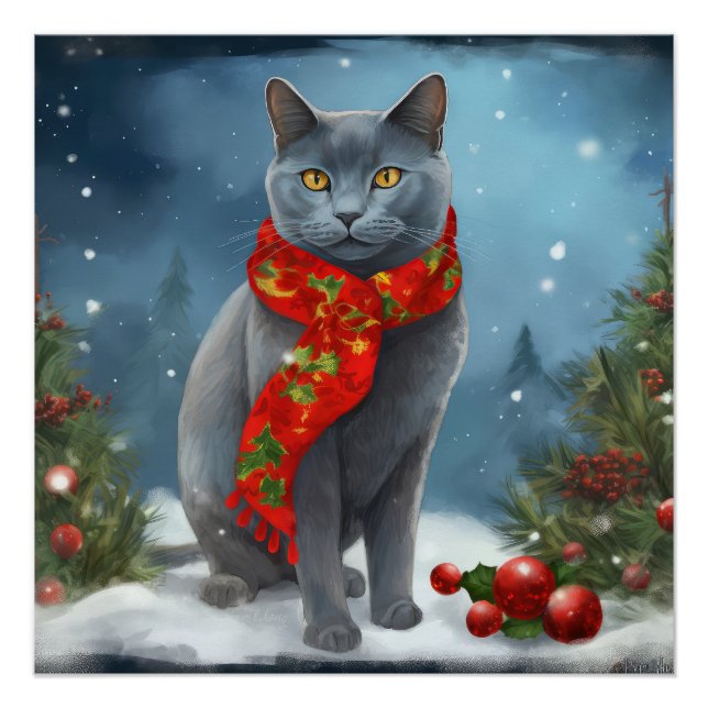 Poster Chat bleu russe à Noël sous la neige (Devant)
