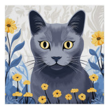 Chat Bleu Russe Fleurs Jaunes