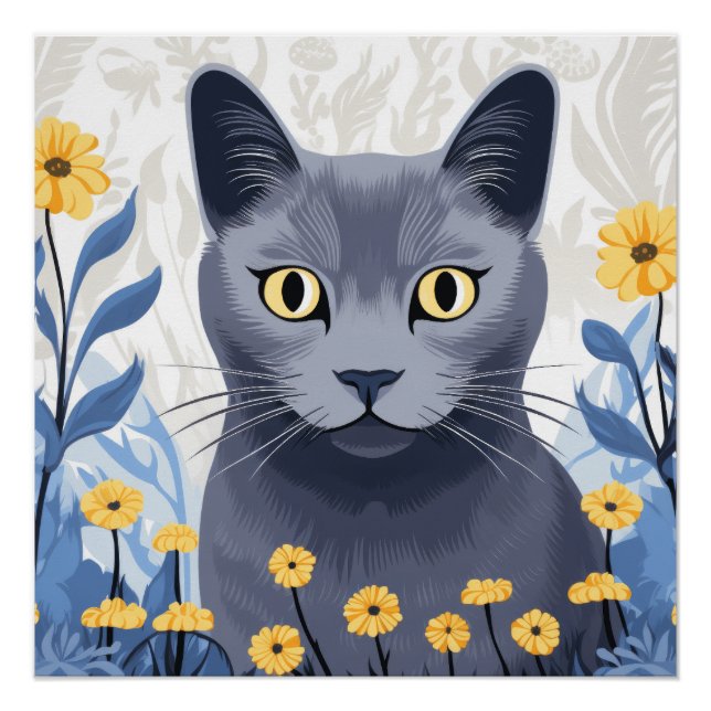 Poster Chat Bleu Russe Fleurs Jaunes (Devant)