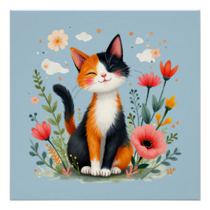 Poster Chat Calico souriant dans le jardin fleuri