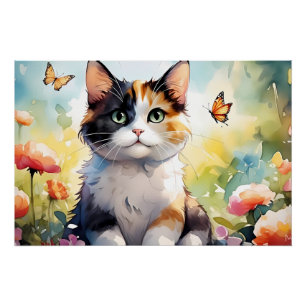 Poster Chat calicot dans un jardin printanier avec papill