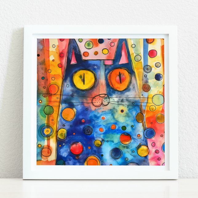 POSTER CHAT COLORÉ BLANC (WHIMSICAL COLORFUL CAT POSTER)