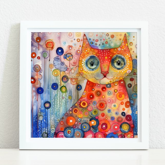 POSTER CHAT COLORÉ BLANC (WHIMSICAL COLORFUL CAT POSTER)