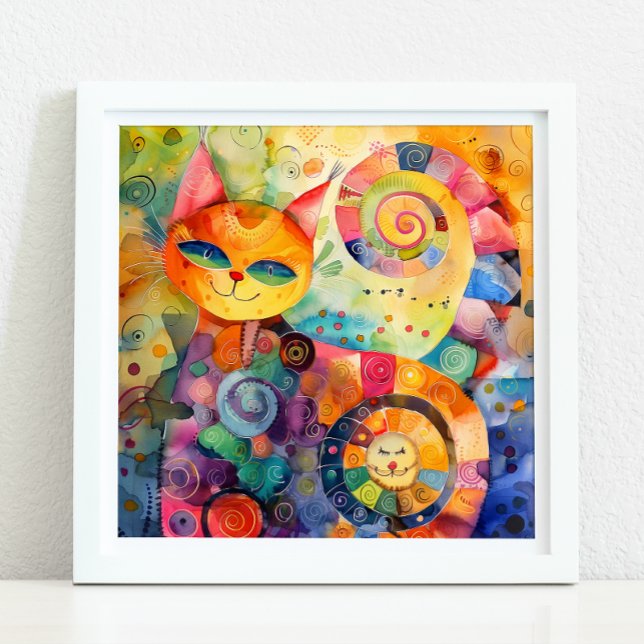 POSTER CHAT COLORÉ BLANC (WHIMSICAL COLORFUL CAT POSTER)