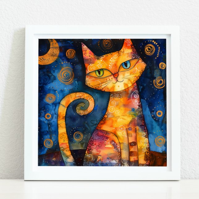 POSTER CHAT COLORÉ BLANC (WHIMSICAL COLORFUL CAT POSTER)