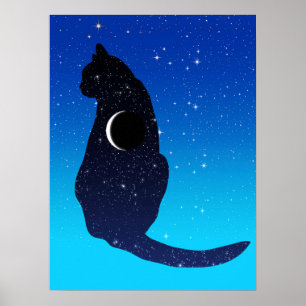 Poster Chat Cosmique dans un Motif d'Étoiles et de Croiss