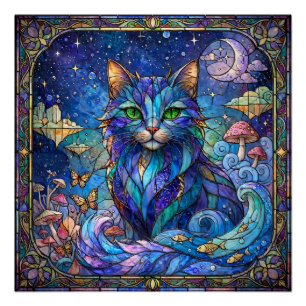 Poster Chat Cosmique Vitrail Surréaliste Yeux Bleus Verts