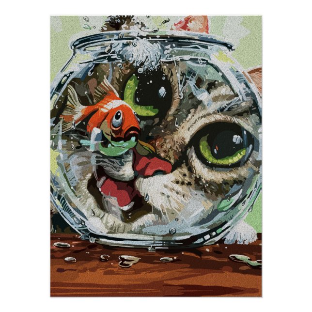 Poster Chat Curieux & Poisson Rouge Prudent (Devant)