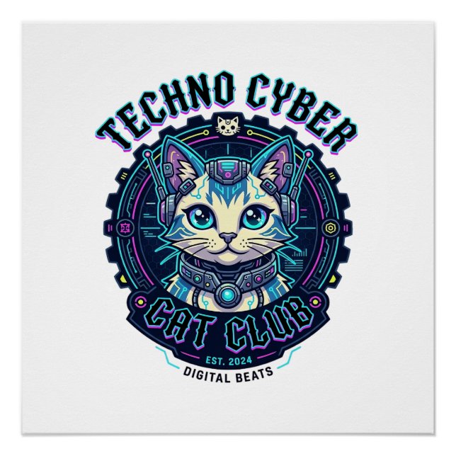 Poster Chat Cyber Techno Drôle Conception Amateur de Chat (Devant)