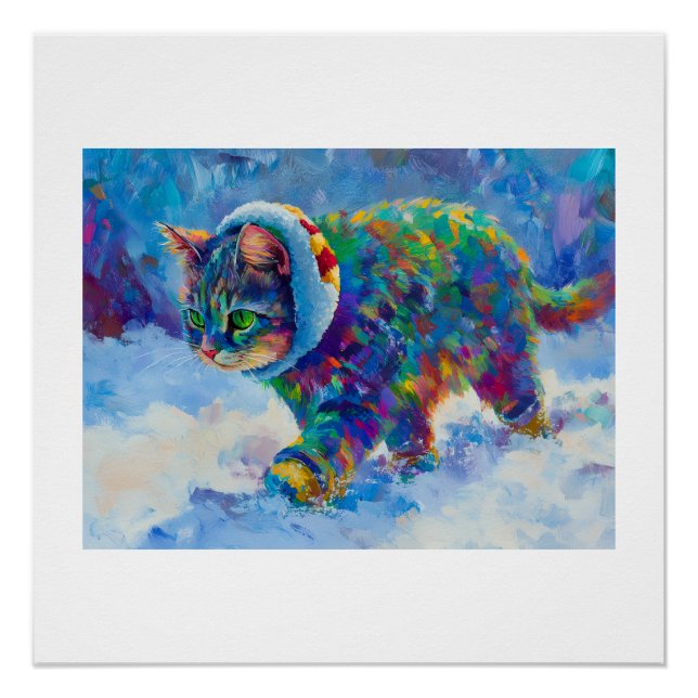 Poster Chat dans la neige portant des cache-oreilles (Devant)