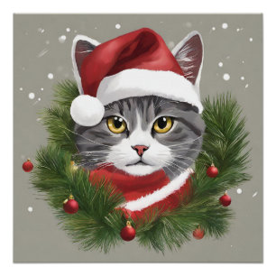Poster Chat de Noël à Santa Hat