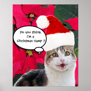 POSTER CHAT DE NOËL AVEC CHAPEAU DE PÈRE NOËL ET POINSETT