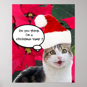 POSTER CHAT DE NOËL AVEC CHAPEAU DE PÈRE NOËL ET POINSETT