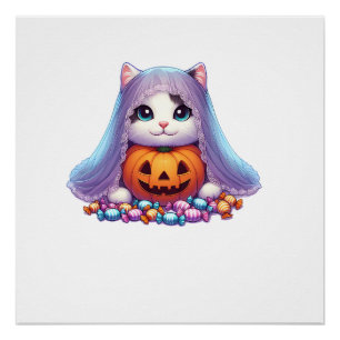 Poster Chat d'Halloween avec citrouille et bonbon T-shirt