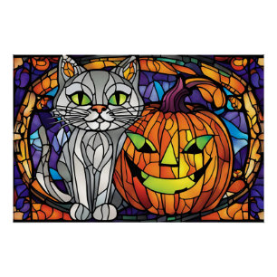 Poster Chat d'Halloween en verre tendu et Jack-o-Lantern