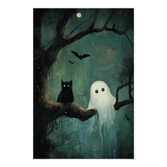 Poster Chat d'Halloween et fantôme (Devant)