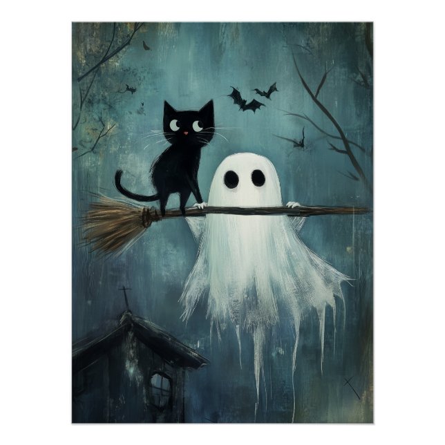 Poster Chat d'Halloween et fantôme volent dans la chambre (Devant)