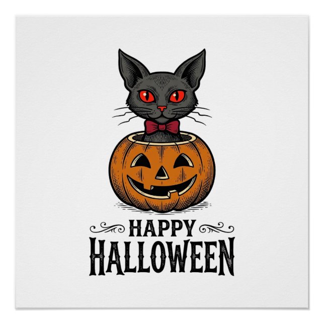 Poster Chat d'Halloween Mignon Citrouille Vintage Épouvan (Devant)