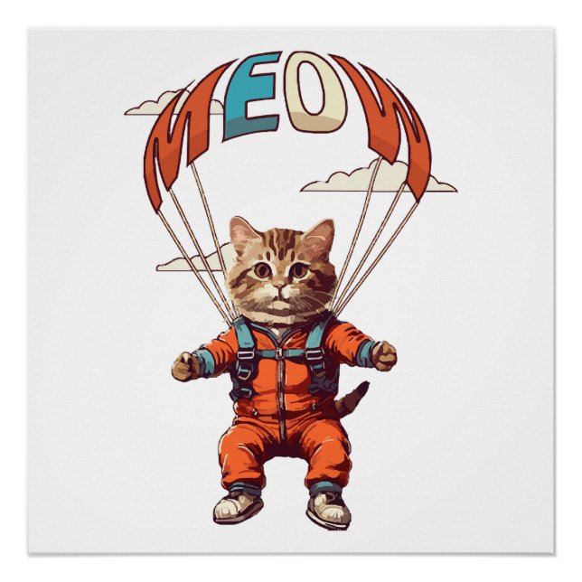 Poster Chat drôle de parachutisme (Devant)
