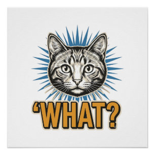 Poster Chat drôle 'QUOI_' Gravure vintage graphique Tee_1