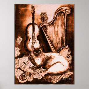 Poster CHAT ET HIBOU MUSICAL ,Marron et Blanc