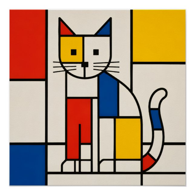 Poster Chat géométrique de style Mondrian Art abstrait Po (Devant)